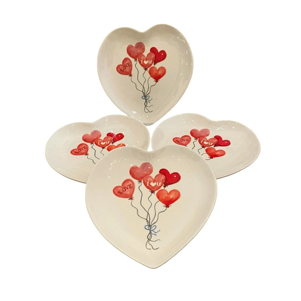 4pc Maxcera Valentine Heart Shaped Dinner Plates 10in Red Heart Balloons New